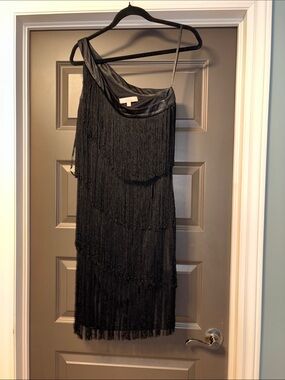 Aidan by Aidan Mattox Black One-Shoulder Fringe Dress
